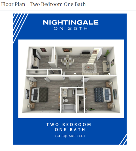 Floor plan for 2 beds, 1 bath, 764 sqft